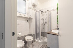 Douche, sèche-cheveux, bidet, serviettes fournies