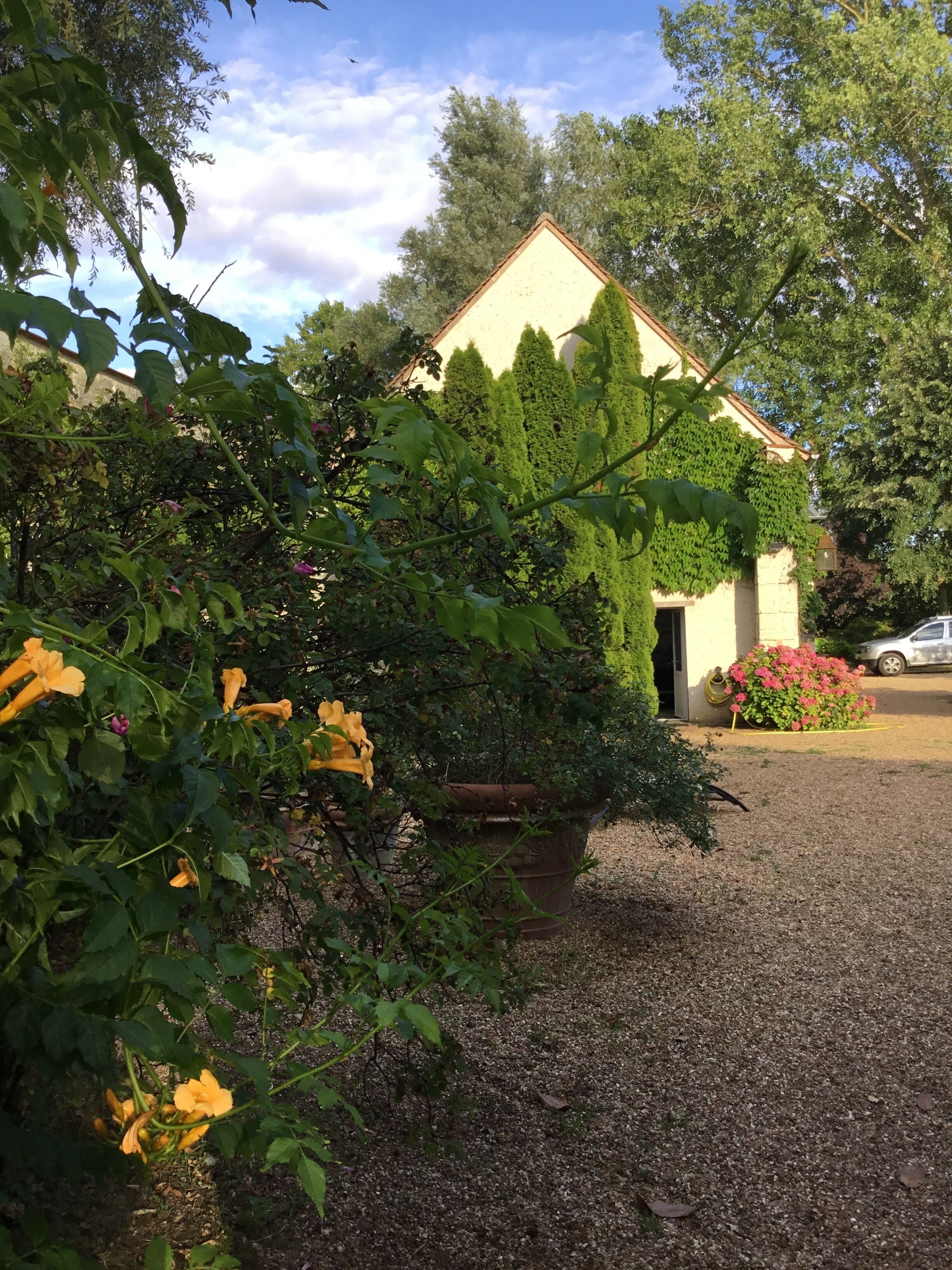 A building with a beige facade and a triangular roof, surrounded by lush greenery and flowering plants.