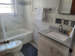 Ensemble baignoire-douche, séchoir à cheveux, serviettes fournies, savon