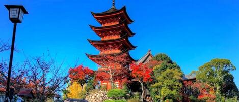 A traditional Japanese pagoda with multiple tiers, surrounded by autumn foliage and traditional architecture.