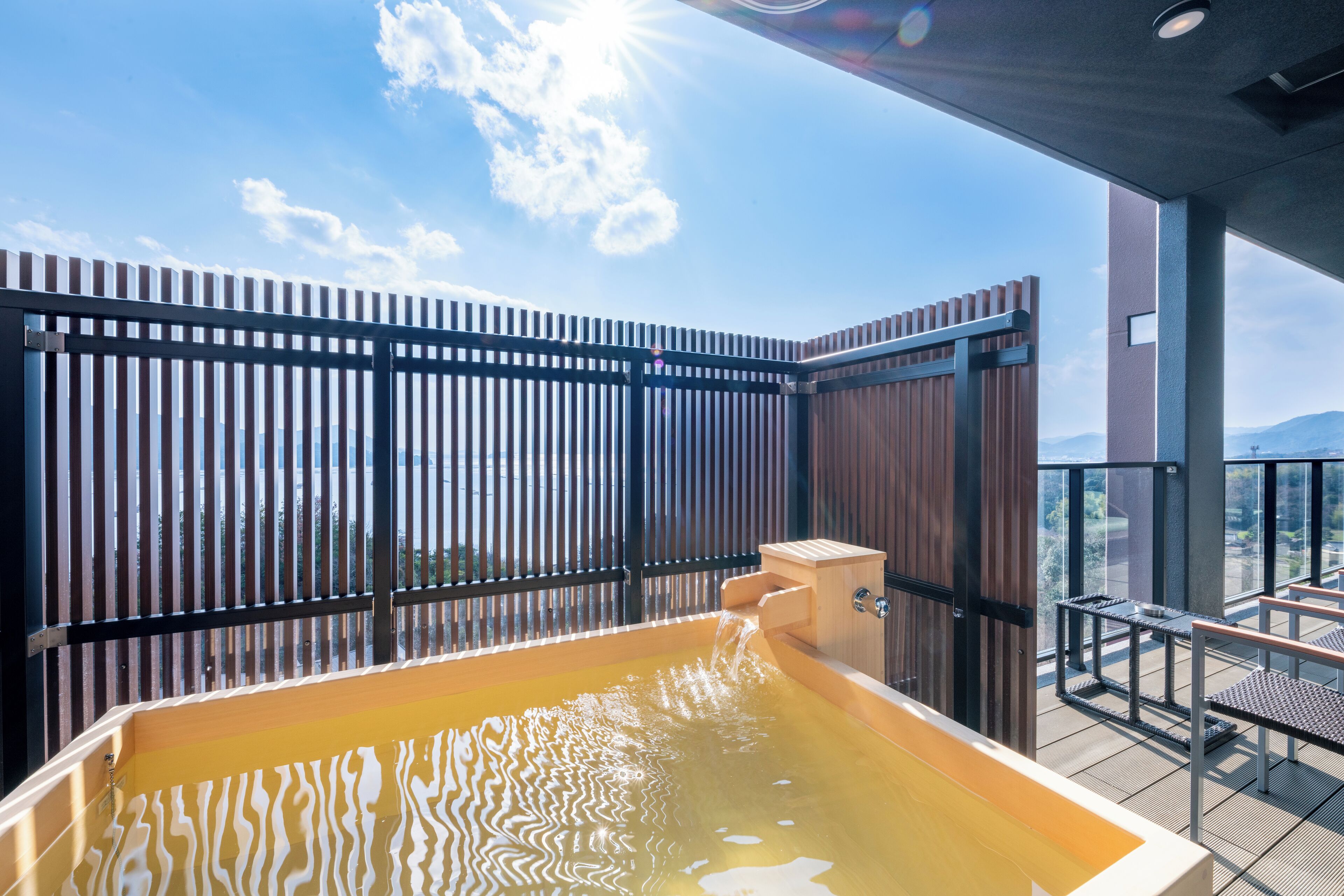 separate bathtub and shower, spring water bathtub, designer toiletries