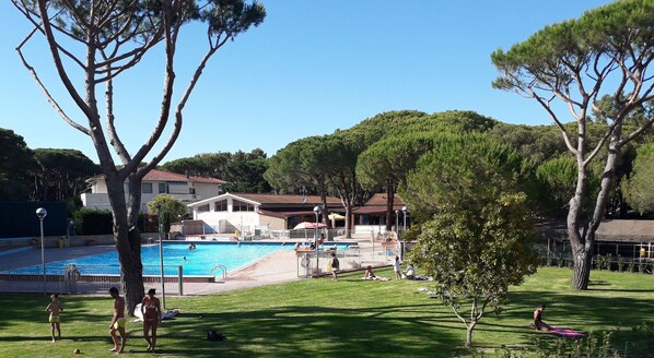 A swimming pool surrounded by a grassy area with trees and a building in the background.
