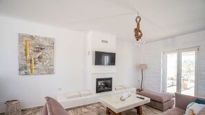 Villa, 4 Bedrooms | Living room - Funky holiday home with pool, next to the beach by VillaRentalsgr (Paros)
