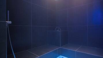 A modern shower room with dark tiles, a visible drain, and a handheld showerhead.