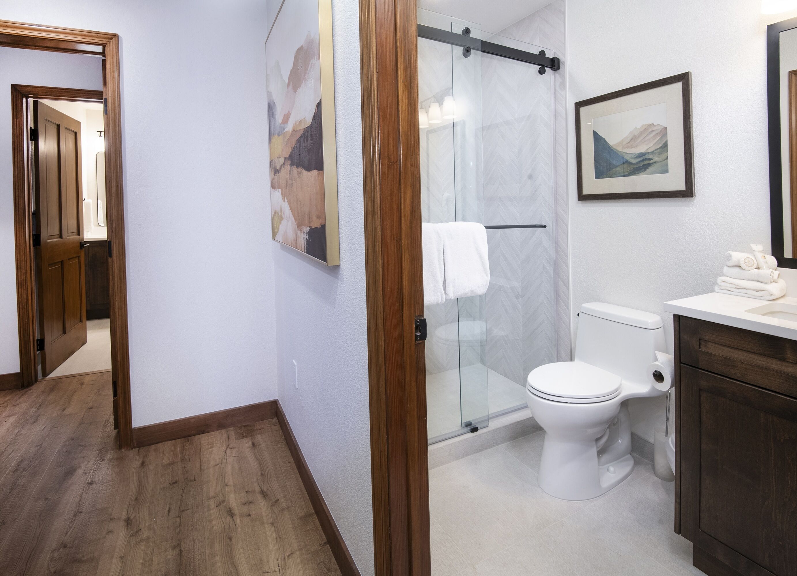A modern bathroom with a glass shower enclosure, a white toilet, and a wooden vanity.