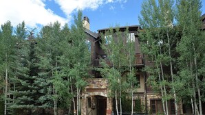 L’Aspenwood Lodge se distingue par sa façade en pierre, ses nombreux balcons et son escalier en pierre menant à l’entrée.