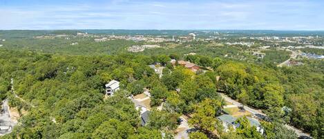 An aerial view of a residential area with houses surrounded by dense greenery, a clear sky, and a distant view of a town with various buildings.
