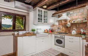 Fridge, stovetop, dishwasher, coffee/tea maker