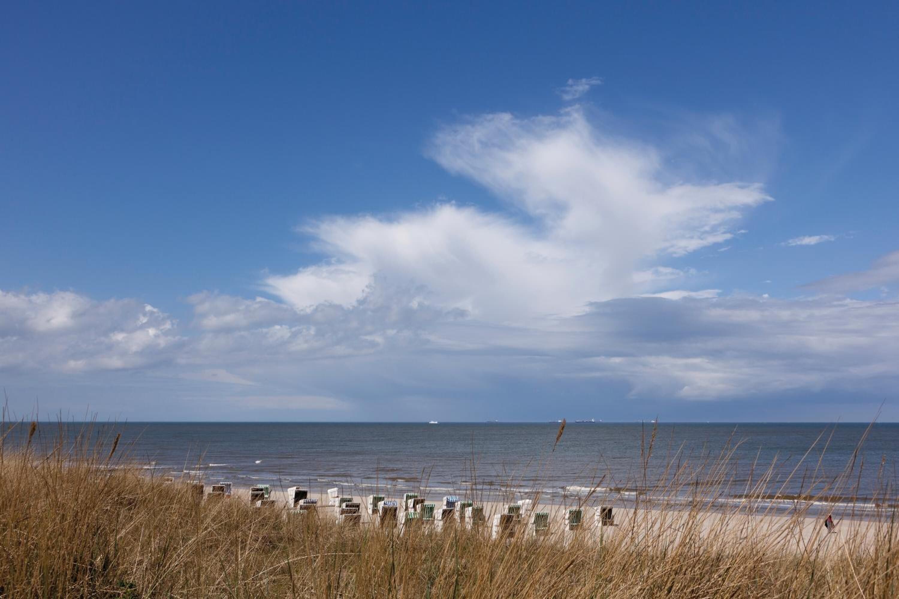 A beach with a clear sky, a few clouds, and the ocean in the background.