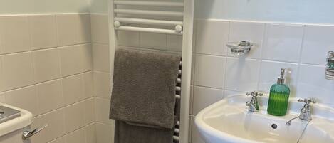 A bathroom with a toilet, sink, and towel rack.