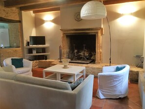 Télévision, cheminée, table de tennis de table, chaîne hi-fi