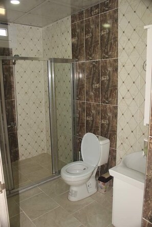 Casa de banho com cabine de duche em vidro, sanita e lavatório.