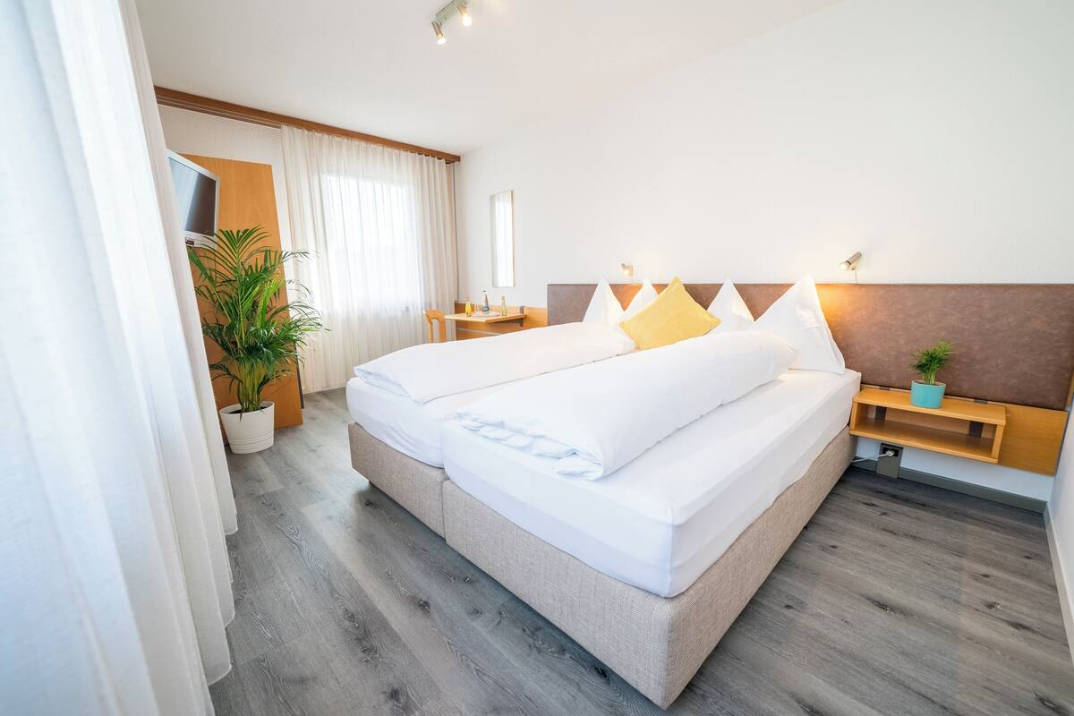 Quarto de hotel moderno com uma cama grande, uma mesinha de cabeceira, um vaso de planta e um espelho.