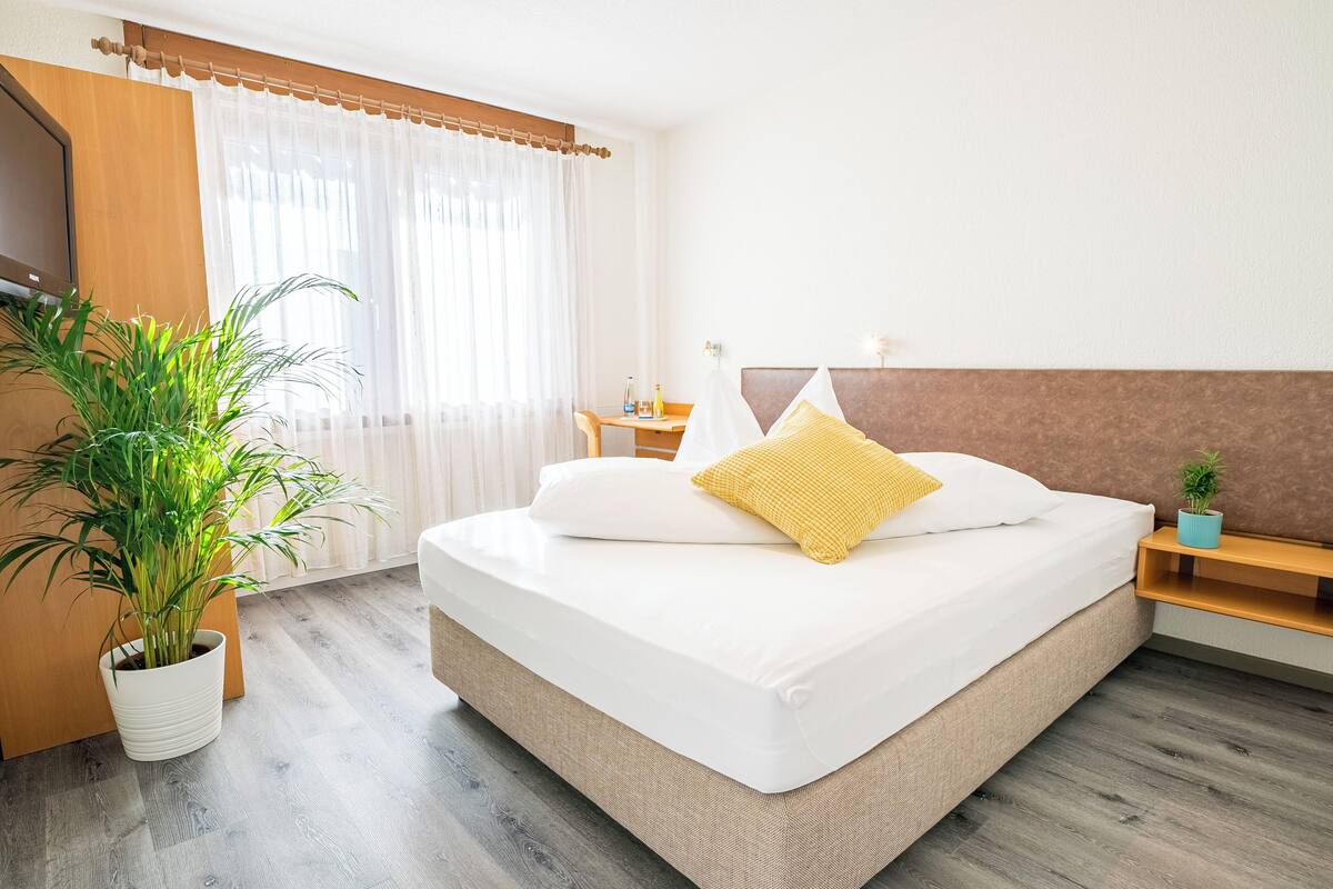 Quarto de hotel com uma cama, uma mesa de cabeceira de madeira, uma pequena mesa, uma planta em vaso e uma TV na parede esquerda.