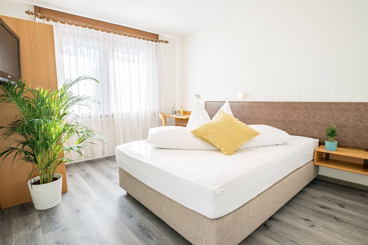 Quarto de hotel com cama, mesa de cabeceira, luminária, televisão, janela com cortinas e um vaso de planta.