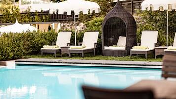 Outdoor pool, open 8:00 AM to 8:00 PM, pool umbrellas, sun loungers