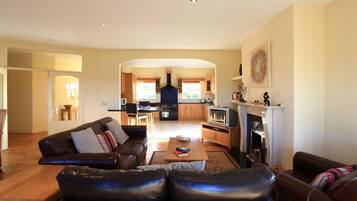 Deluxe Villa | Living room | Flat-screen TV, fireplace, DVD player