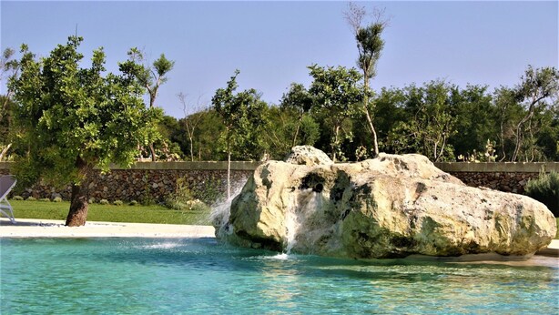 A clear pool with a rock formation in the center, surrounded by trees and a stone wall.