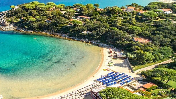 An aerial view of a coastal area with a beach, clear turquoise waters, and a small cluster of buildings with a few trees. - Hotel Valle Verde (Marciana)