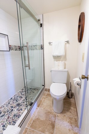 Combined shower/bathtub, hair dryer, towels, soap