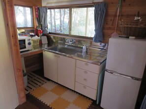 Fridge, microwave, electric kettle, toaster