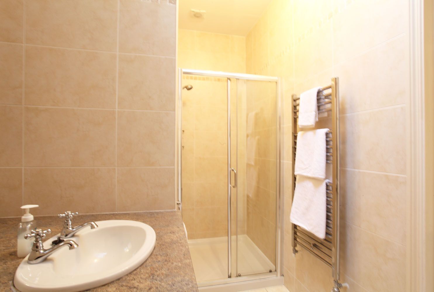 A bathroom with a sink, a glass shower enclosure, and a towel rack.
