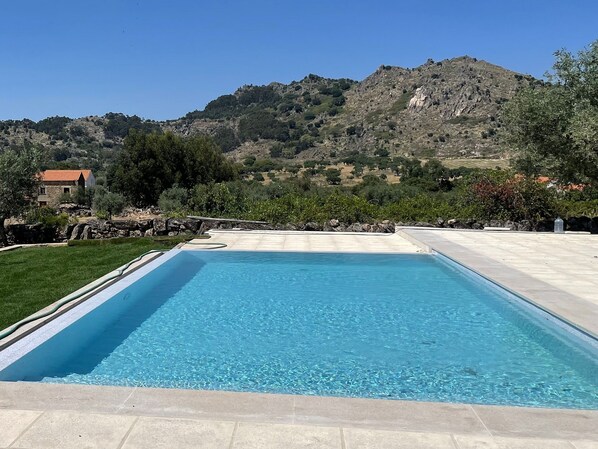 Outdoor pool, pool umbrellas, sun loungers