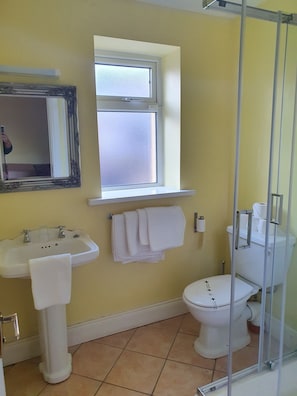 A bathroom with a sink, mirror, window, and toilet. - Golden Dawn Guesthouse (Saggart)