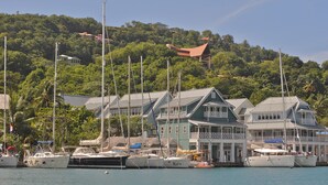 Un port de plaisance où sont amarrés plusieurs bateaux, une grande maison dotée d’un balcon et, en arrière-plan, une colline verdoyante.