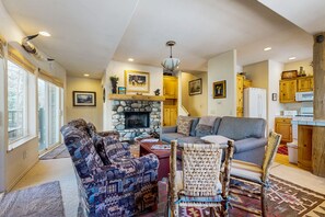 TV, fireplace, books, stereo