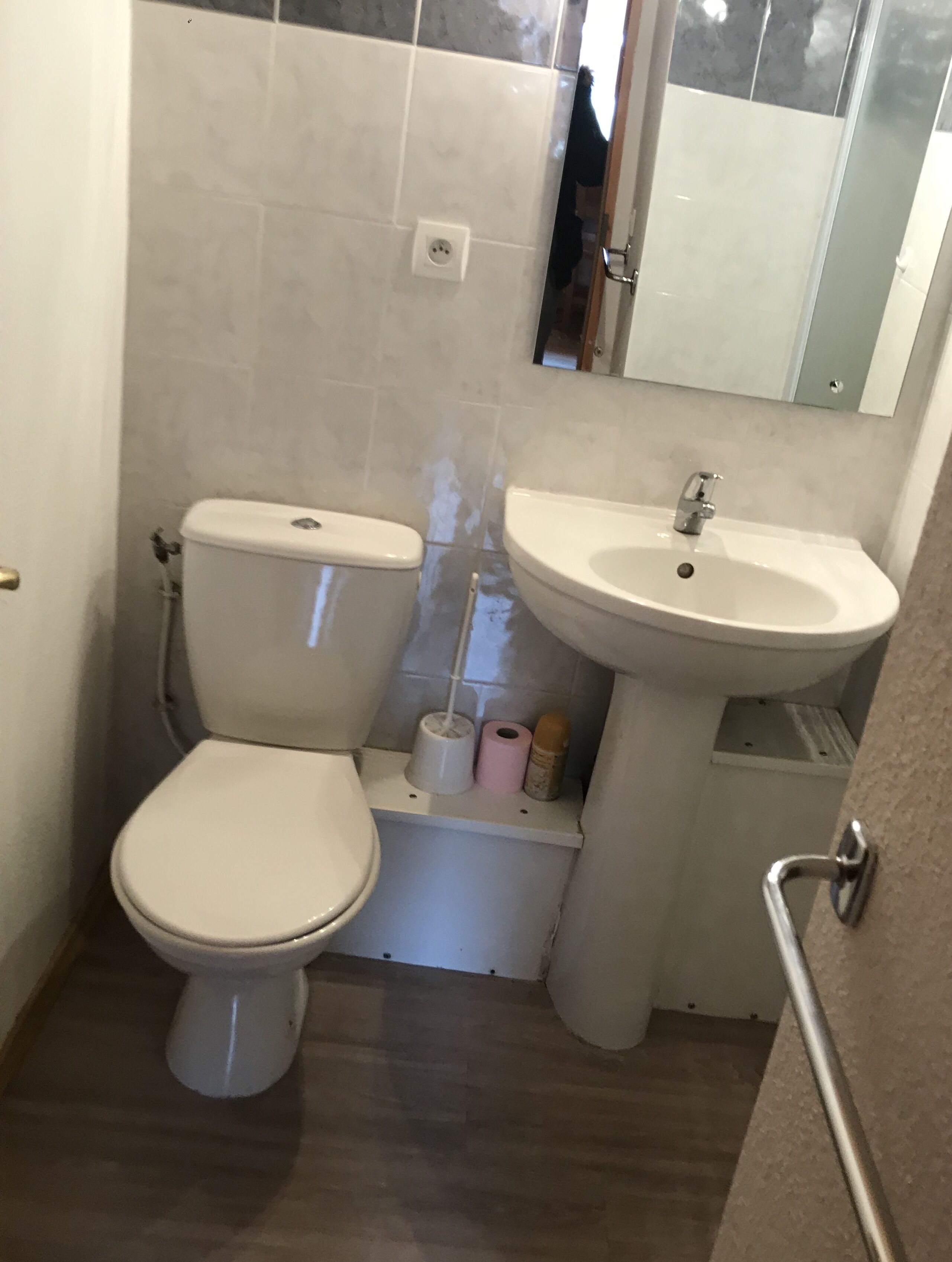 Une petite salle de bain avec des toilettes et un lavabo.