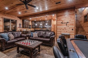 TV, fireplace, table football