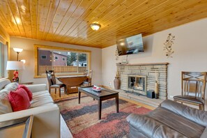 TV, fireplace, DVD player, video library