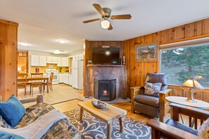 Fernseher, Kamin, DVD-Player, Videothek