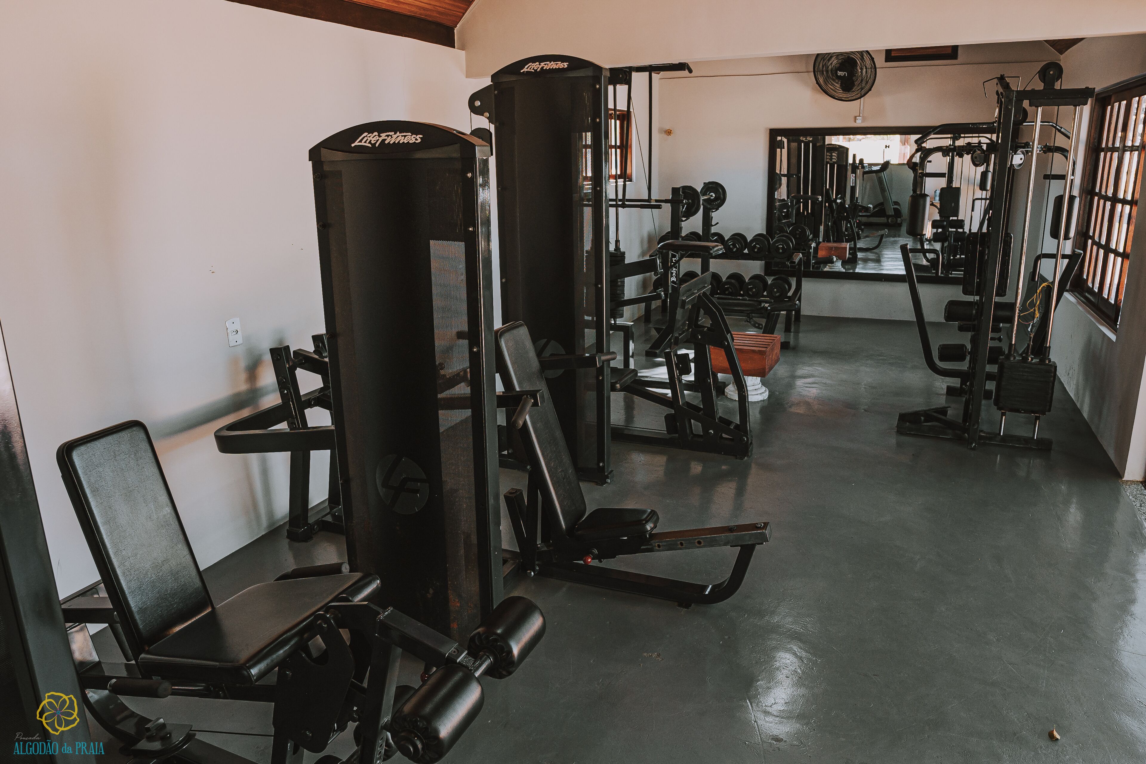 A gym with various exercise equipment, including weight machines and dumbbells.