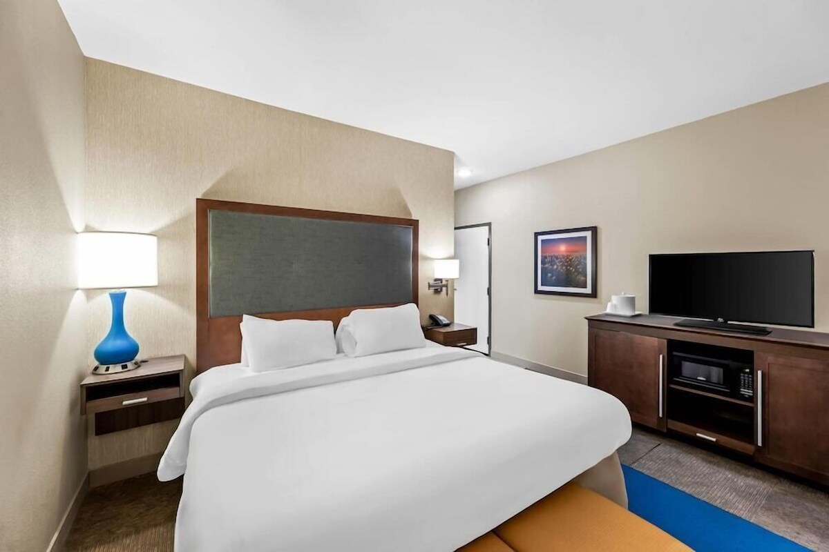 Habitación de hotel con cama, televisión, microondas, mesita de noche, lámpara y un cuadro en la pared.