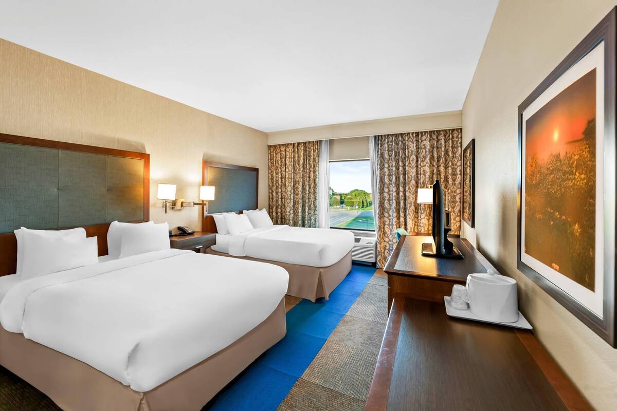 Standard Room, 2 Queen Beds, Non Smoking | Desk, laptop workspace, blackout drapes, iron/ironing board