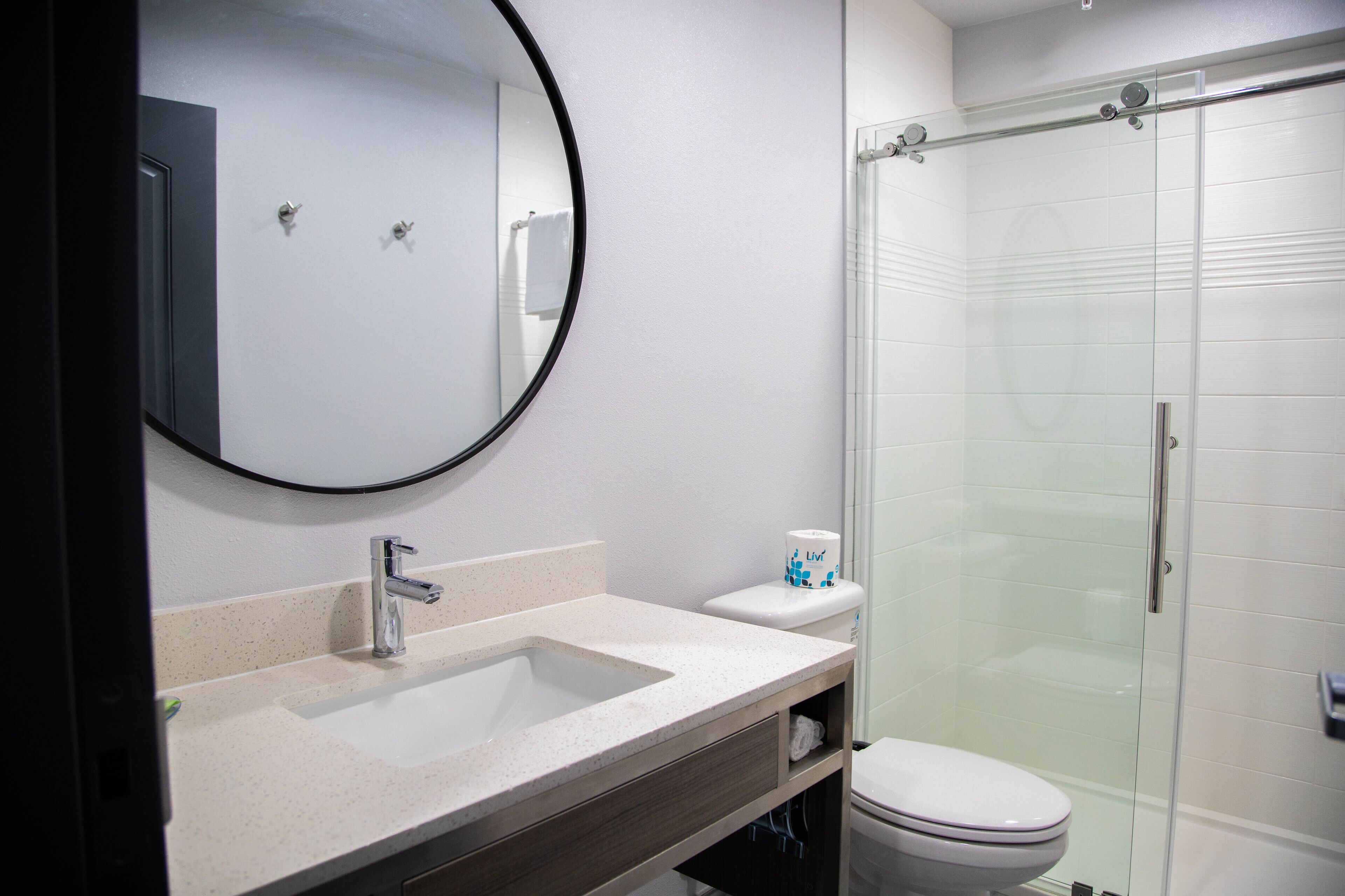 A modern bathroom with a sink, mirror, toilet, and glass shower enclosure.