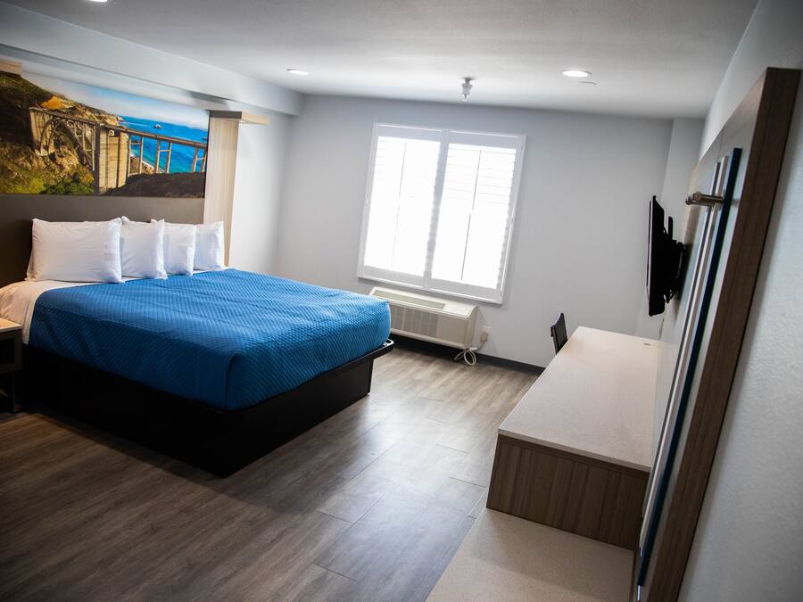A hotel room with a bed, a desk, a window, and a mural on the wall.