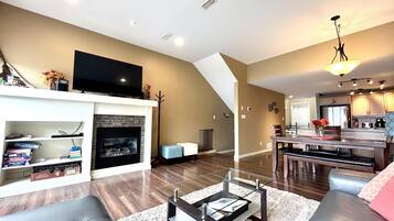 TV, fireplace, DVD player, video library