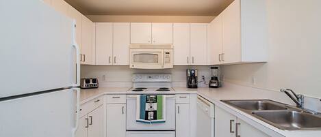 Fridge, microwave, dishwasher, coffee/tea maker