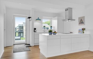 Fridge, stovetop, dishwasher, coffee/tea maker