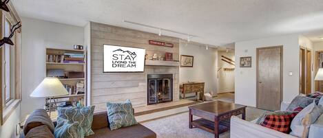 TV, fireplace, books, stereo