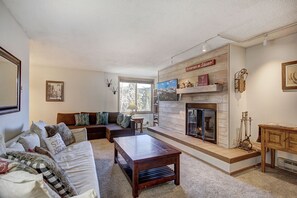 TV, peis, bøker og stereoanlegg