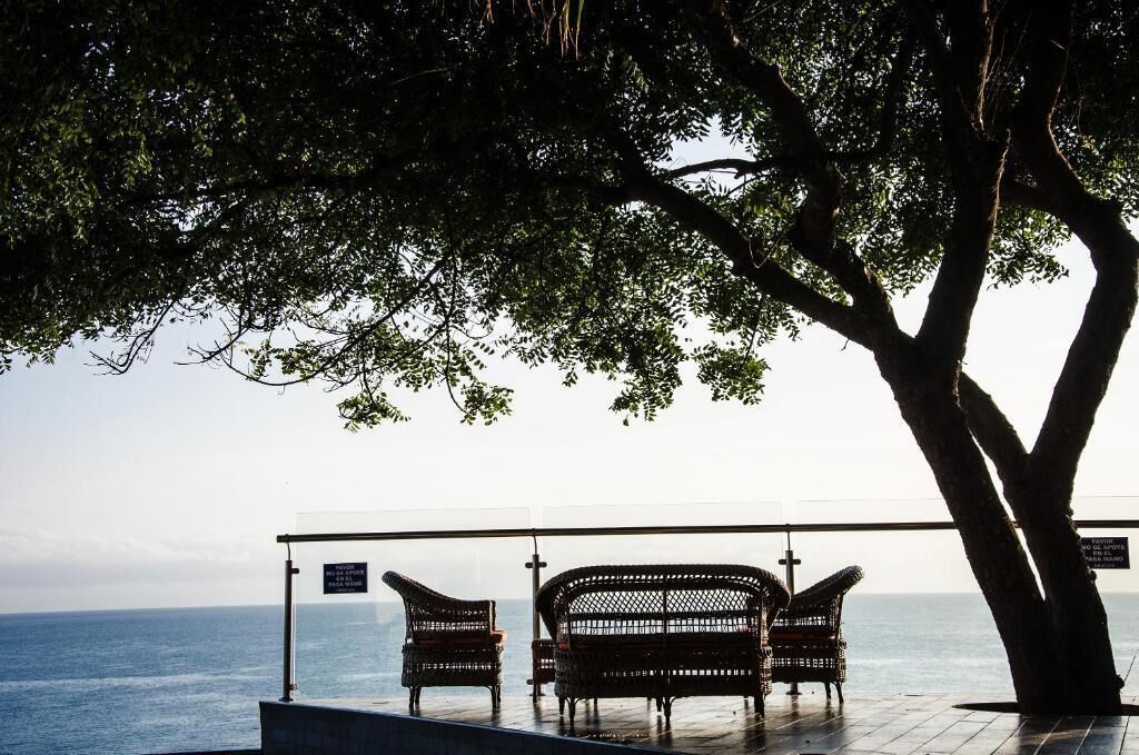 A bench area with a view of the sea, a tree, and a glass railing.