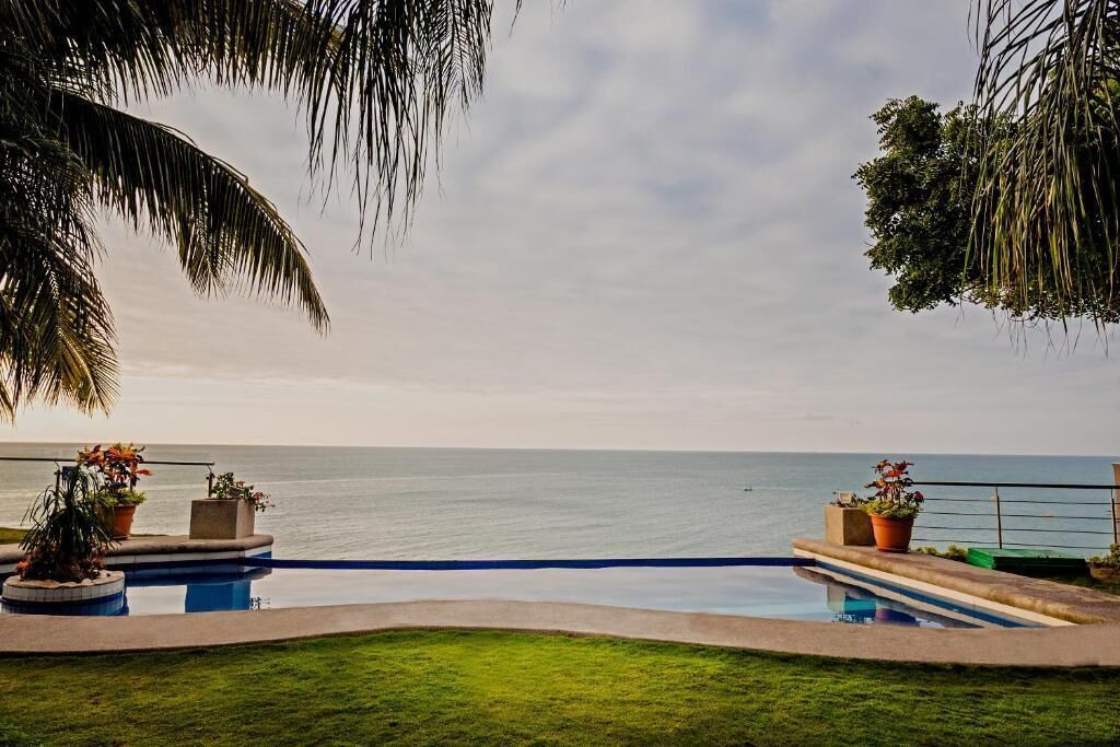 A pool with a view of the ocean, surrounded by potted plants and palm trees.