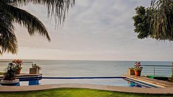 A pool with a view of the ocean, surrounded by potted plants and palm trees.