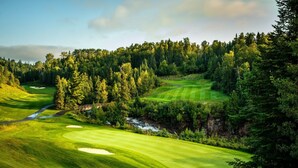A golf course with a bridge, a river, and dense forest. - Lutsen Log Lodge! Ski, Hike, Golf & Bike (Lutsen)