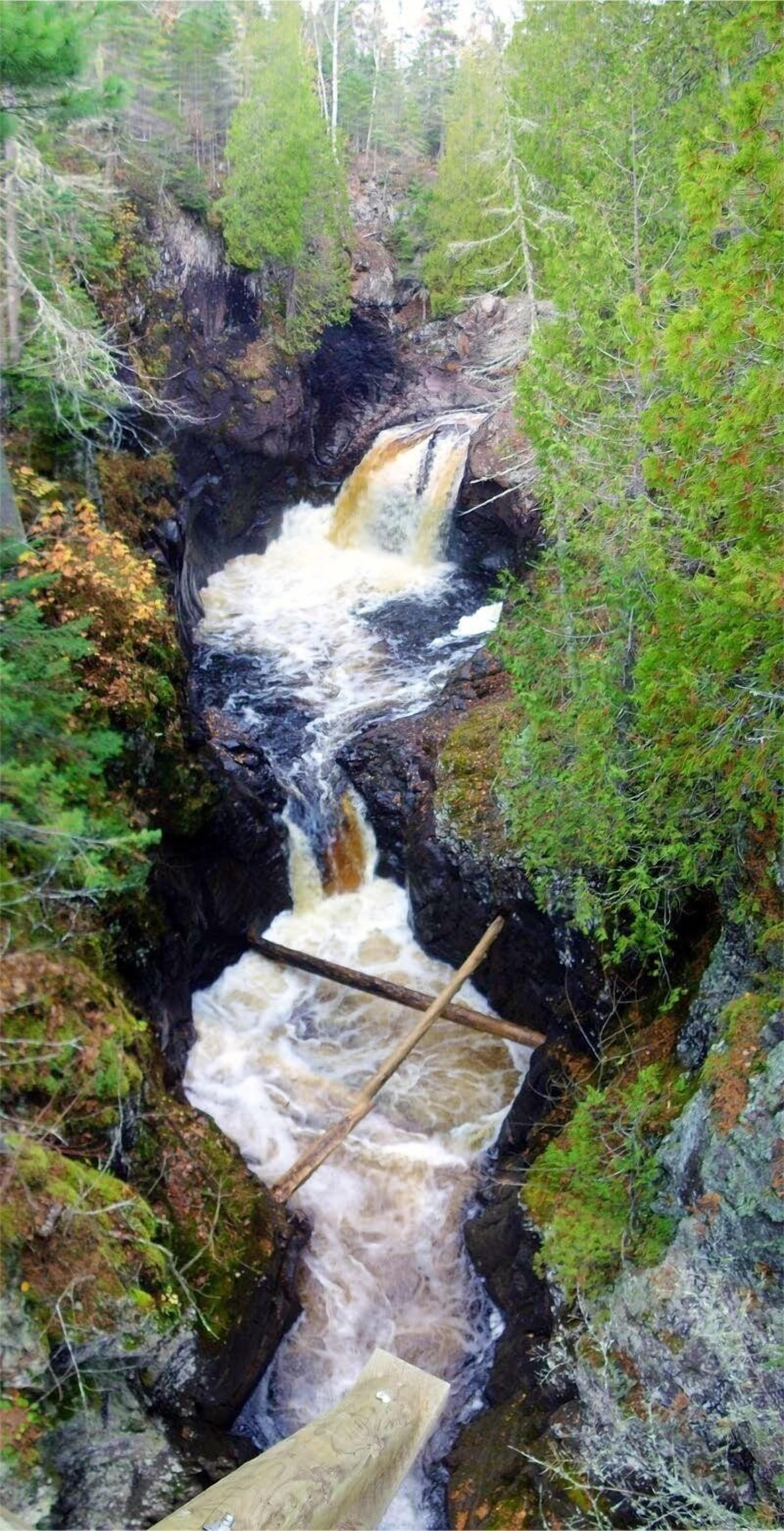 A waterfall cascading down a rocky cliff surrounded by dense greenery.