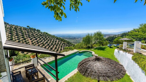 Zona de piscina con vistas a viñedos, una sombrilla de paja y una terraza con mobiliario exterior.